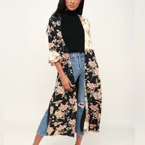 Lulus Floral Kimono Cardigan MEDIUM Black Patchwork Lightweight Bohemian‎ Boho
